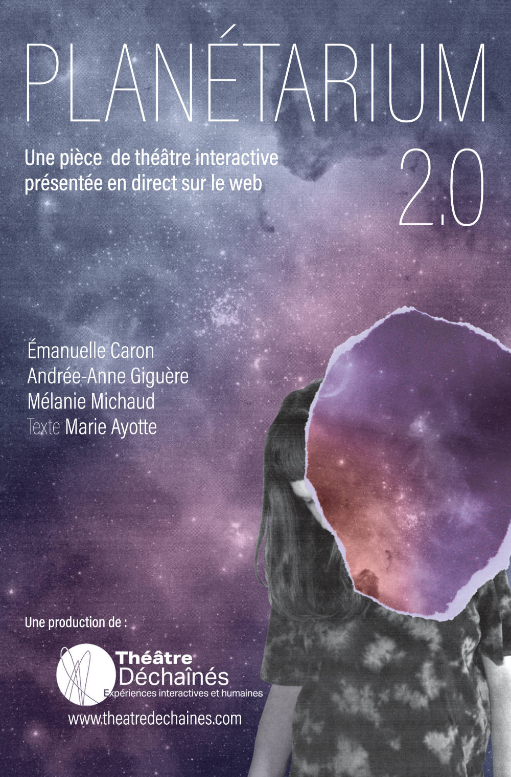 Affiche Planétarium 2.0. Fond mauve et gris au allure d'univers, une femme en noir et blanc une déchirure collé camoufle une partie de sa tête