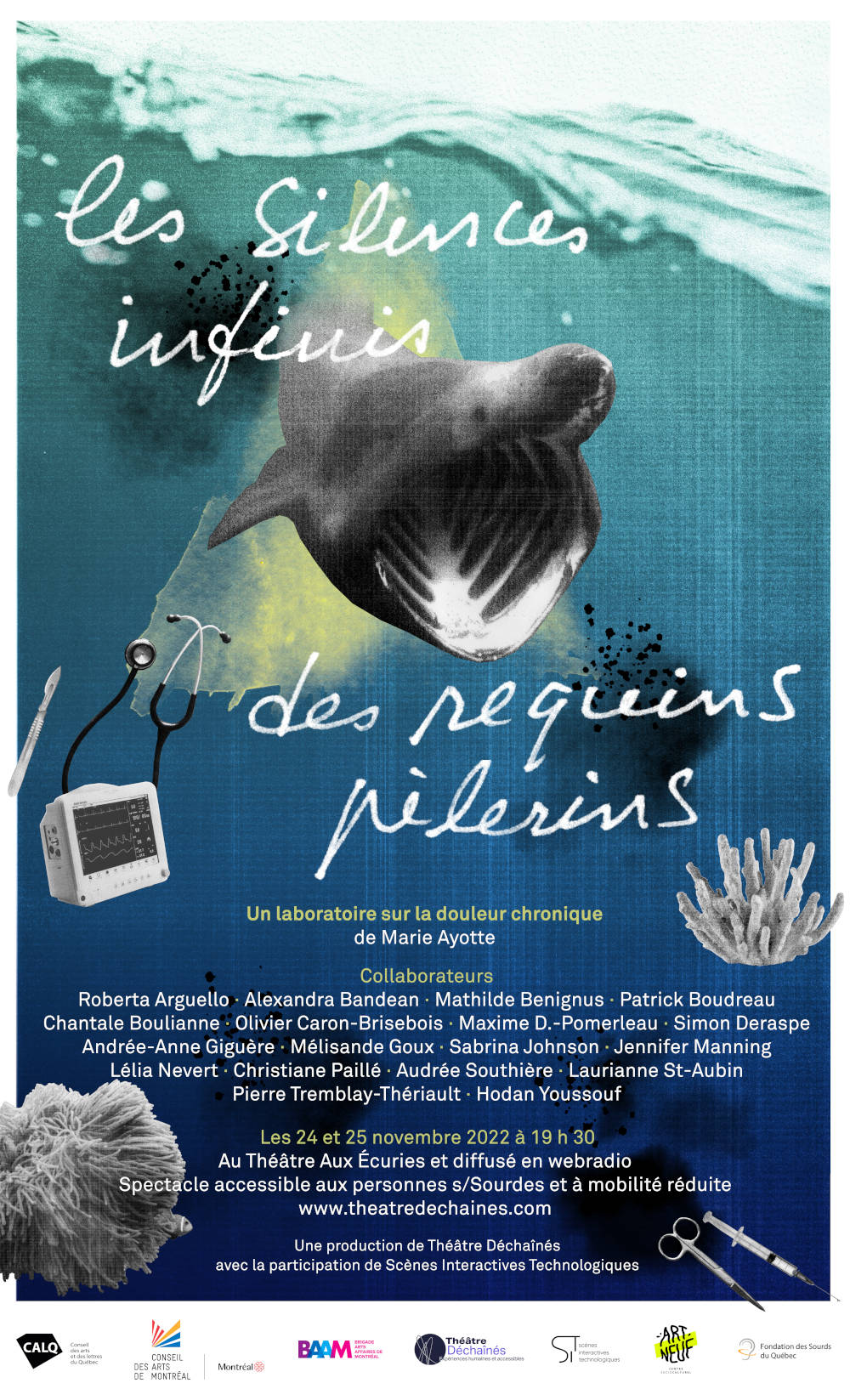 Affiche Les silences infinis des requins pèlerins, collage sur fond d'océan, requin, algues, stéthoscope, machine médical et outils médicaux.